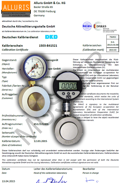 Kalibrierschein für Kraftmesseinrichtungen DAkkS