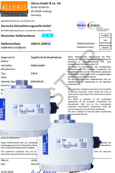 Kalibrierschein für Kraftmesseinrichtungen DAkkS