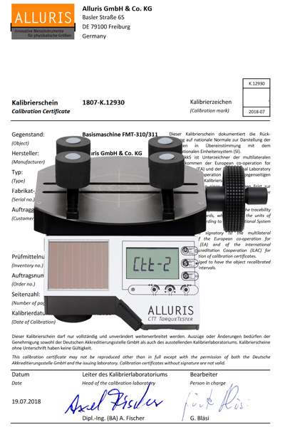 Kalibrierschein für Drehmomentprüfgeräte VDI/VDE